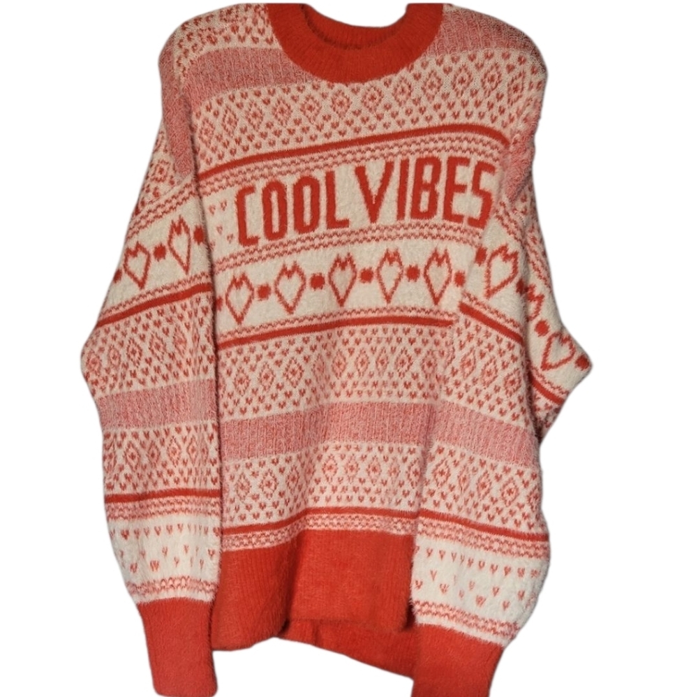 Aerie Cool Vibes Red and White Crew Neck Sweater with Nordic Pattern‎